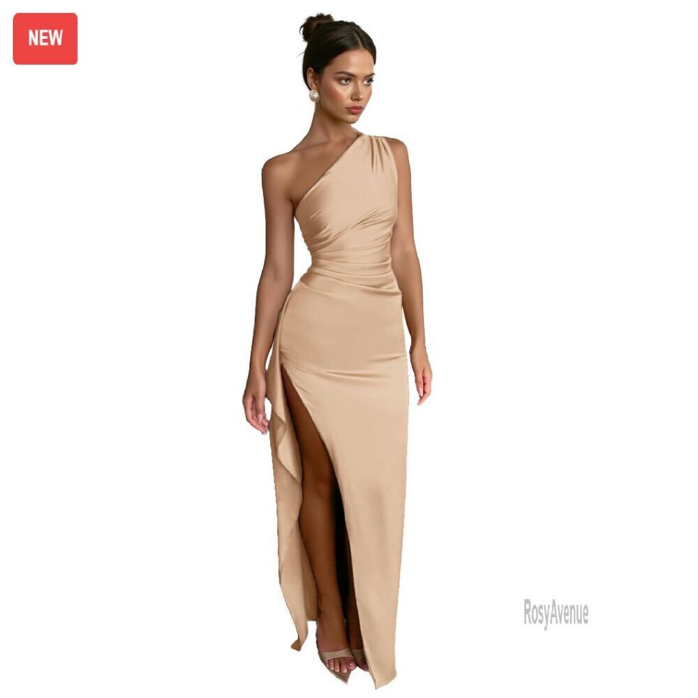 One Shoulder Ruched Satin Maxi Dress Adjustable Straps Backless Slit